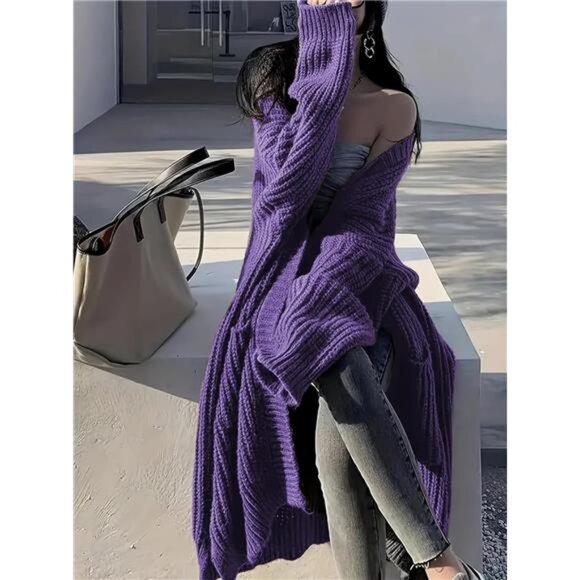 Womens Long Cardigan Sweaters Open Front Oversized Purple - Picture 2 of 5